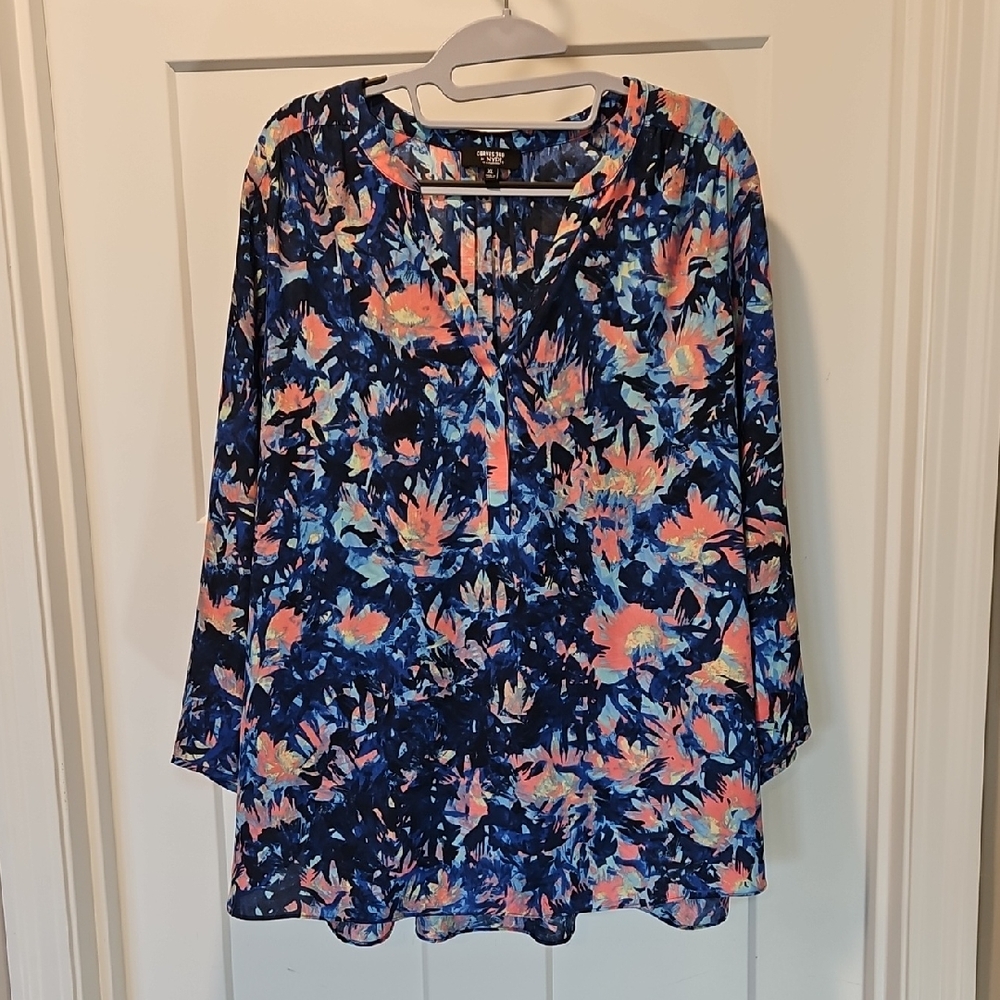 NYDJ Blue/Pink Floral Curves 360 Blouse XL